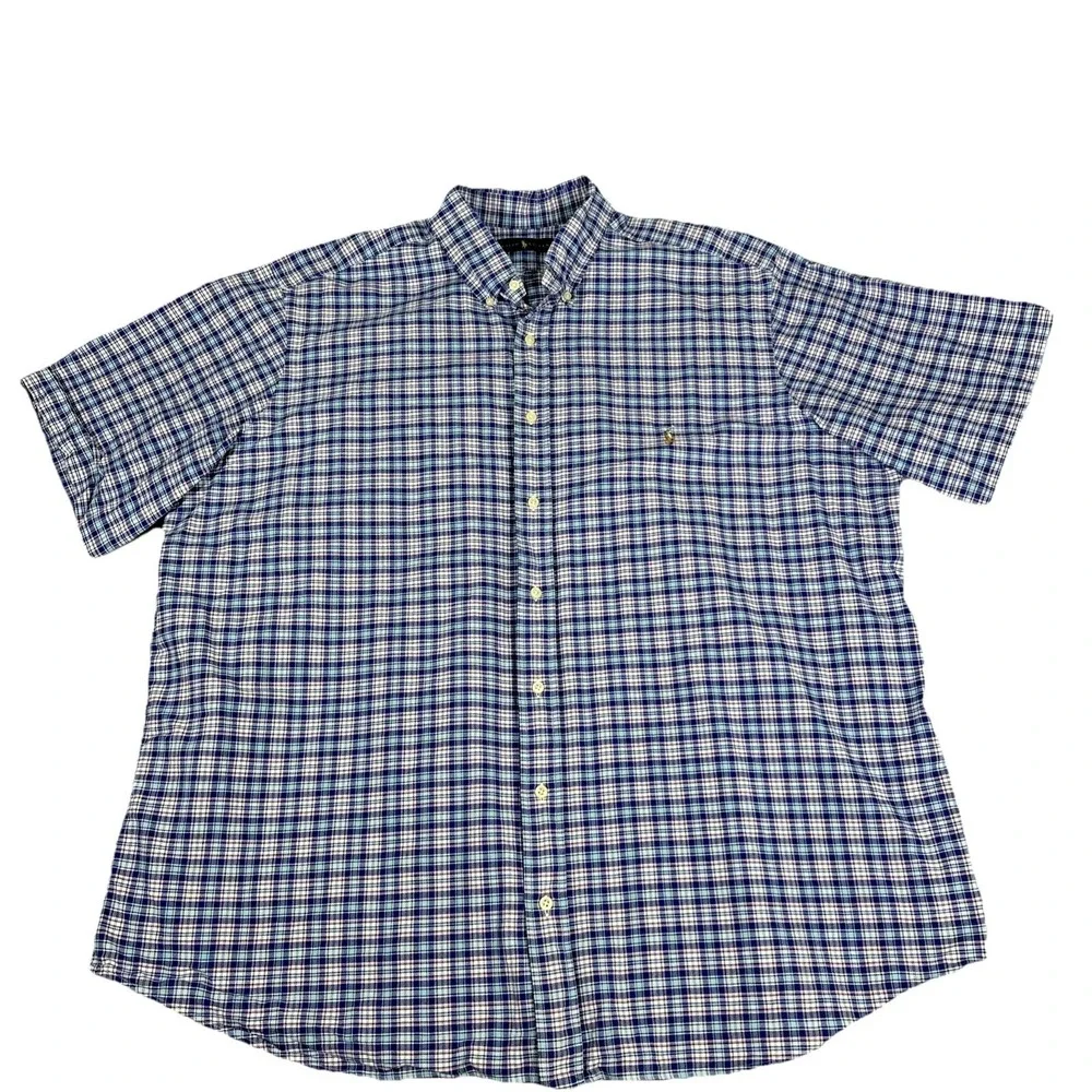 Ralph Lauren Men's 2XB Blue‎ Plaid Short Sleeve Button Down Pocket Shirt Casual